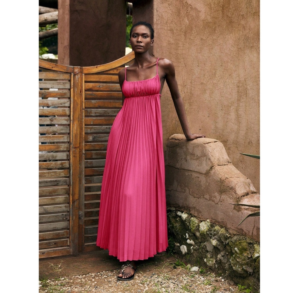 Pink Pleated Maxi Babydoll Dress Open Back Flowy Skirt Tie Straps - Picture 5 of 11